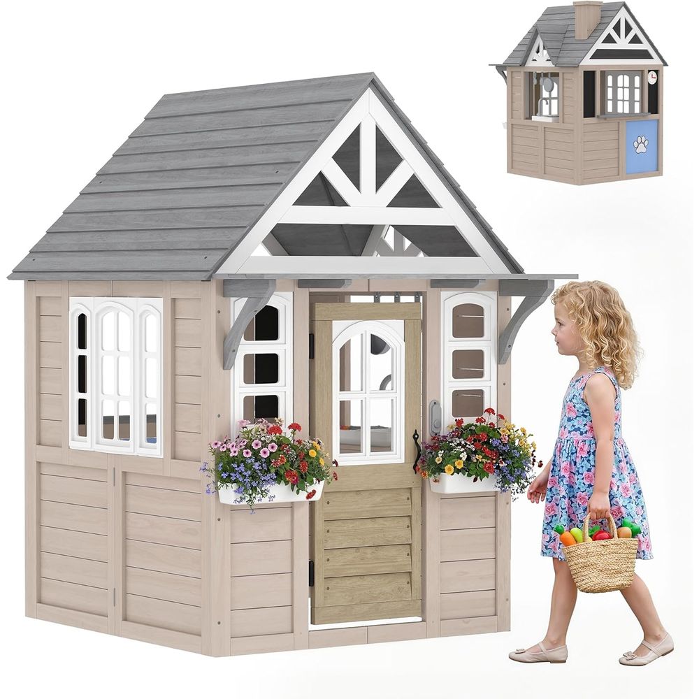 Qaba Kids Outdoor Playhouse - Qaba Outdoor Playhouse, Wooden Kids Playhouse