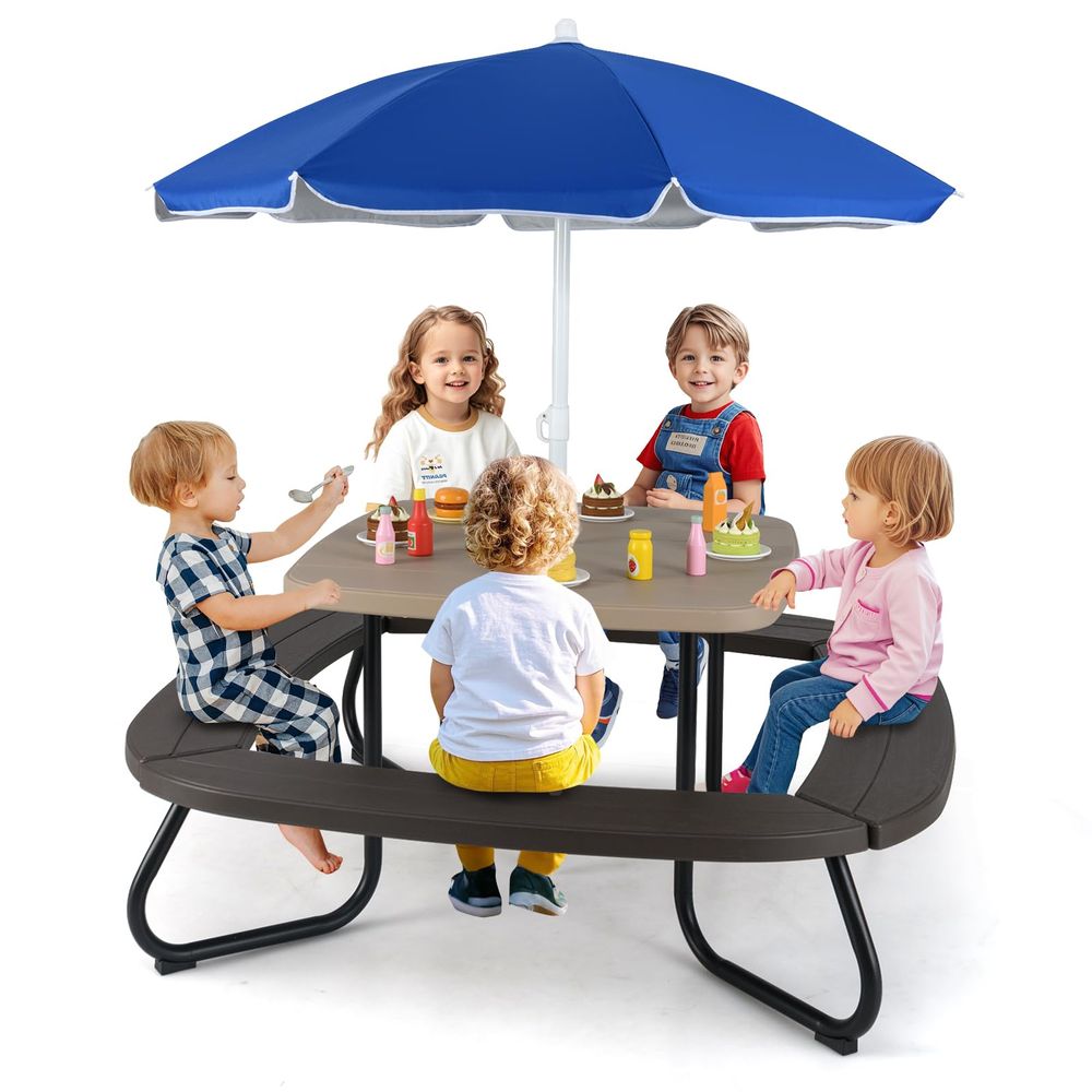Kids Outdoor Table And Chairs With Umbrella - Kids Picnic Table, 8 Person Toddler