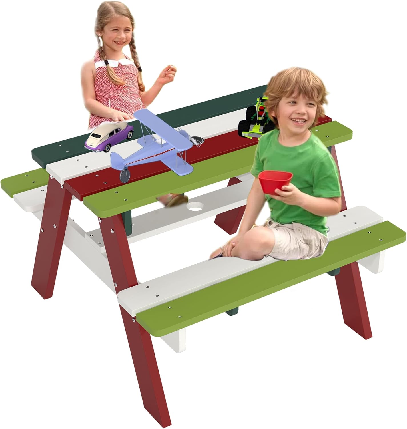Kids Outdoor Table And Chairs With Umbrella - Kids Picnic Table, HDPE All Weather