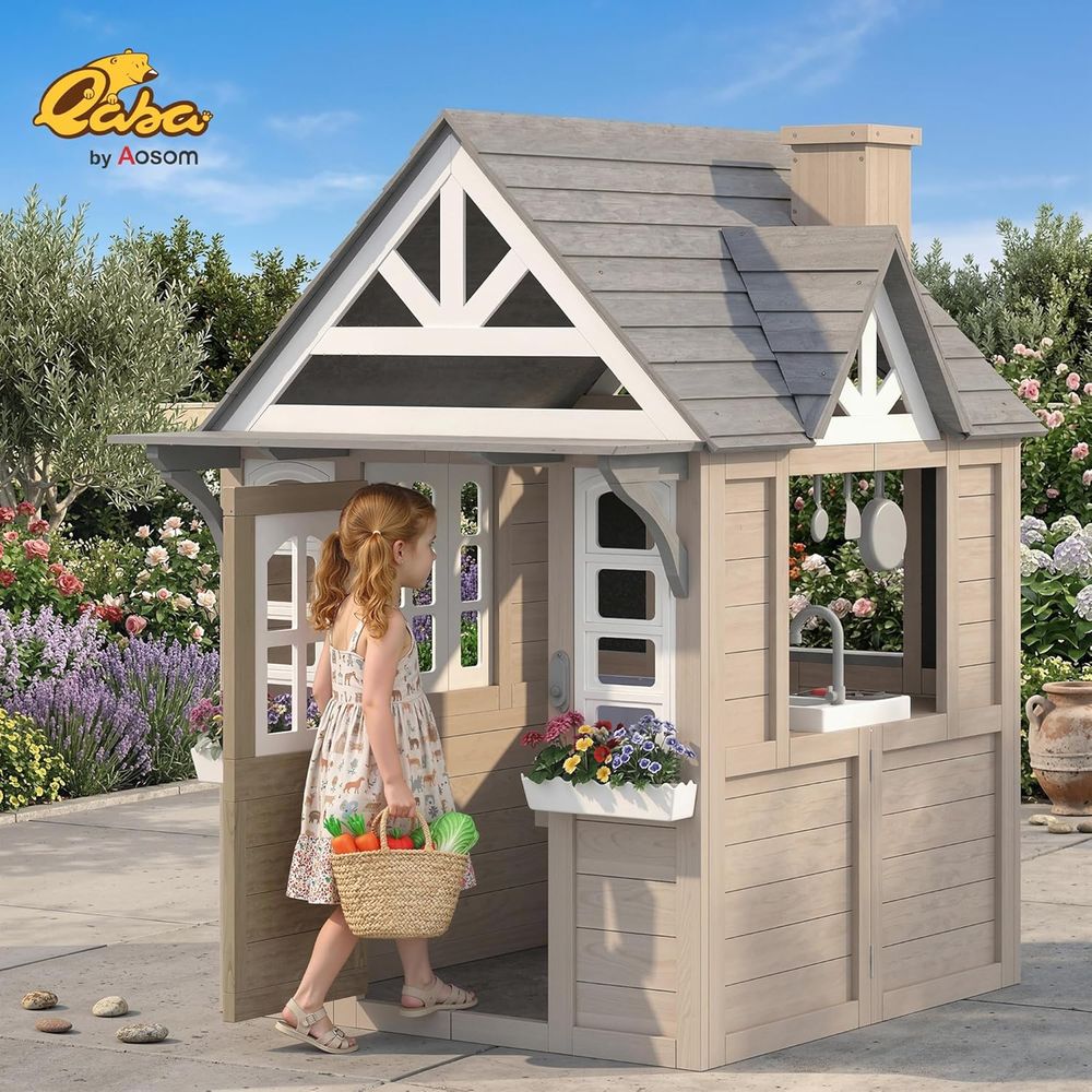 Qaba Outdoor Playhouse, Wooden - Qaba Kids Outdoor Playhouse ulasan dan harga
