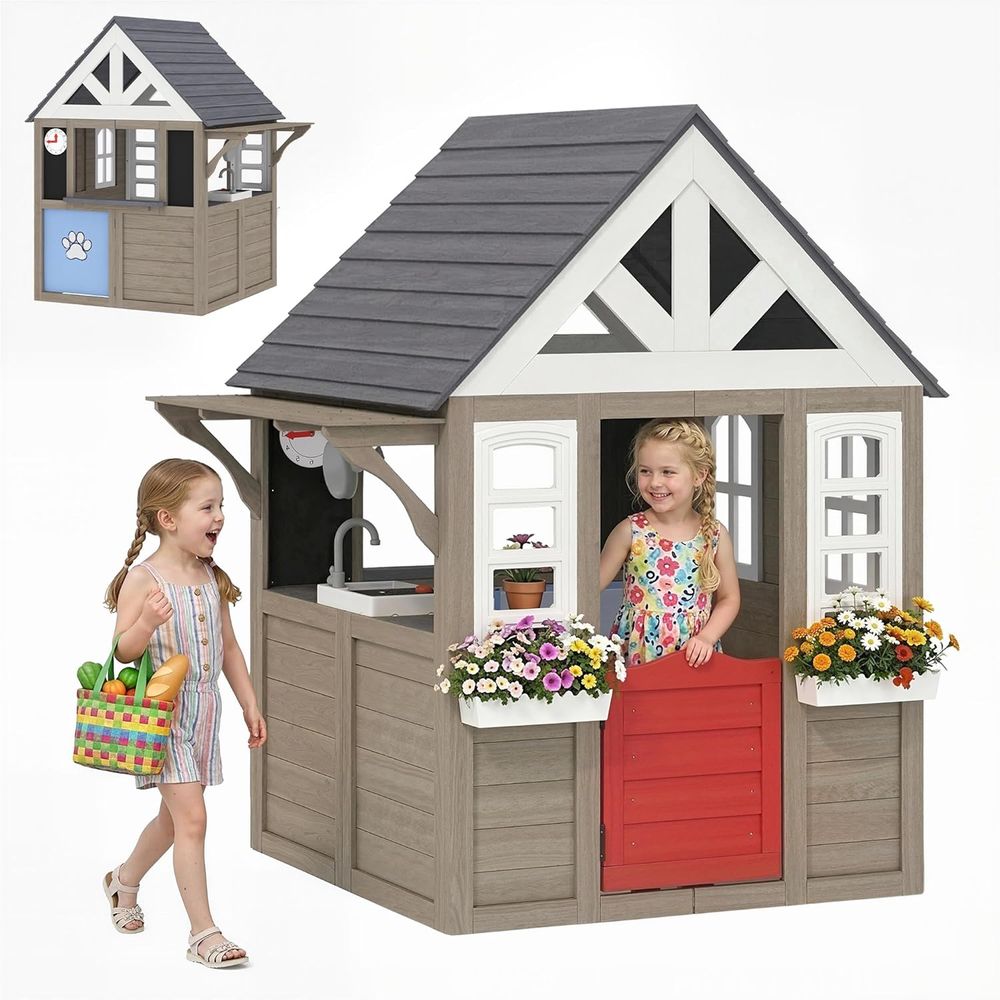 Qaba Outdoor Playhouse, Wooden - Qaba Kids Outdoor Playhouse ulasan dan harga