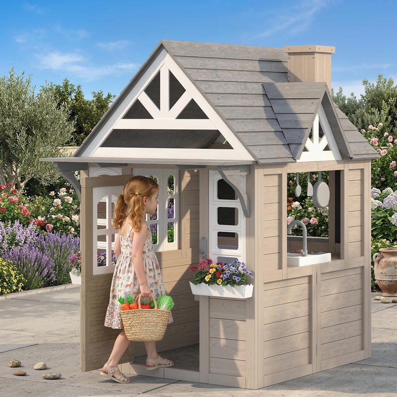 Qaba Outdoor Playhouse, Wooden - Qaba Kids Outdoor Playhouse ulasan dan harga