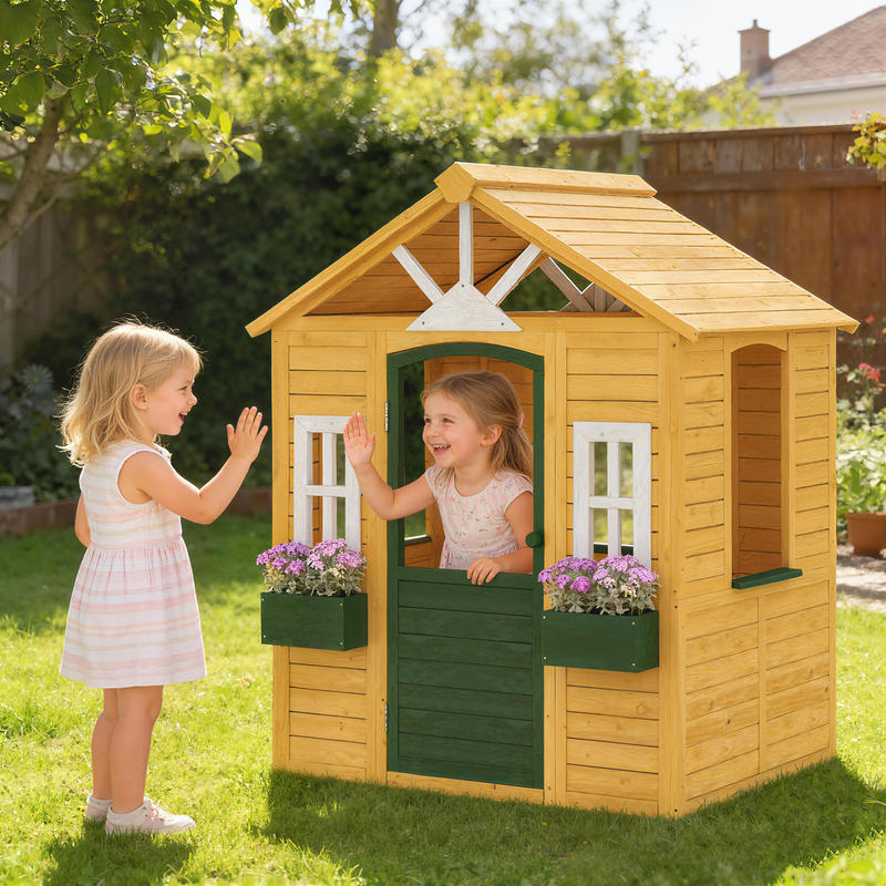 Qaba Outdoor Playhouse, Wooden - Qaba Kids Outdoor Playhouse ulasan dan harga