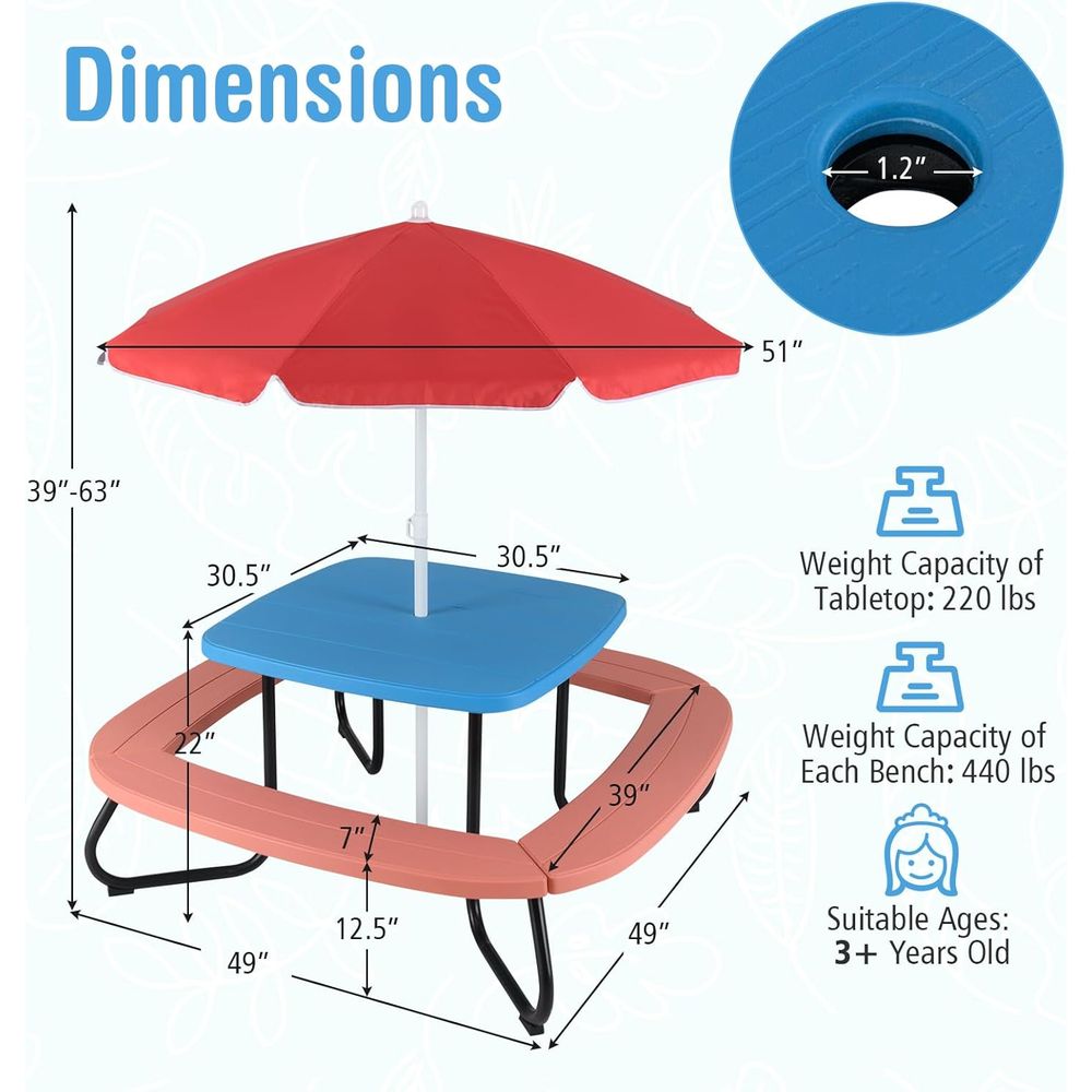 Kids Picnic Table, 8 Person To - Kids Outdoor Table And Chairs With Umbrella ulasan dan harga